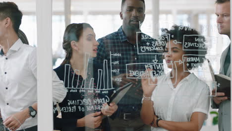 group of business people brainstorming writing ideas on glass whiteboard colleagues working on problem solving solution discussing strategy teamwork in office meeting 4k