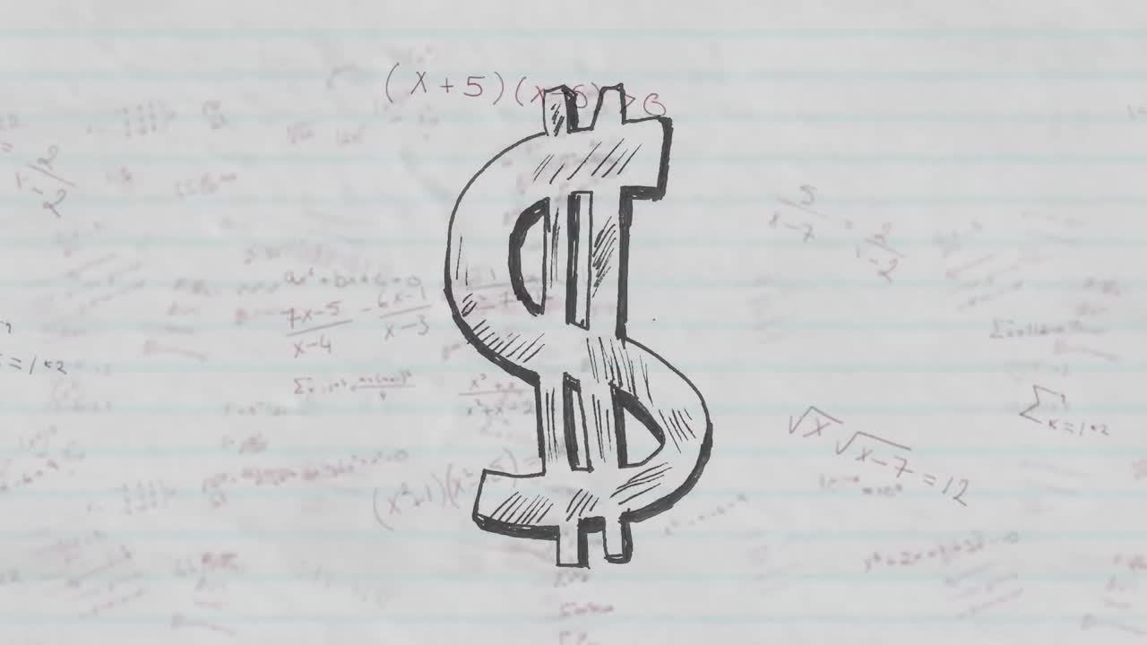 Simbolo del dollaro americano contro equazioni matematiche su foglio a righe bianco