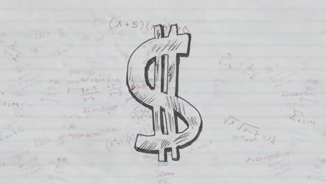 american dollar symbol against mathematical equations on white lined paper