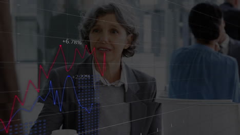 animación del procesamiento de datos financieros sobre una mujer de negocios caucásica en el cargo