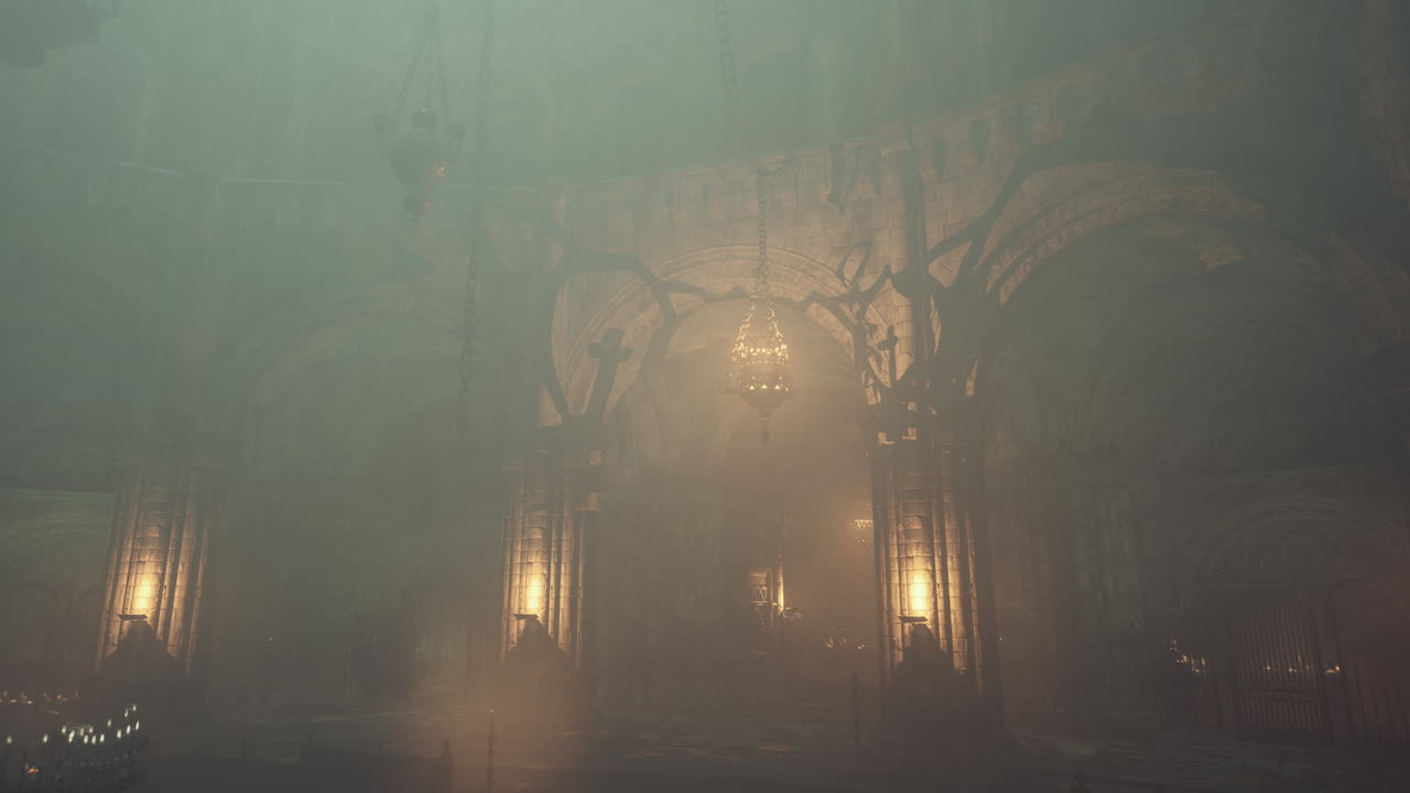 안개가 가득한 고 양식의 대성당 내부