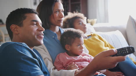 young family sitting together on the sofa in their living room watching tv, close up, side view