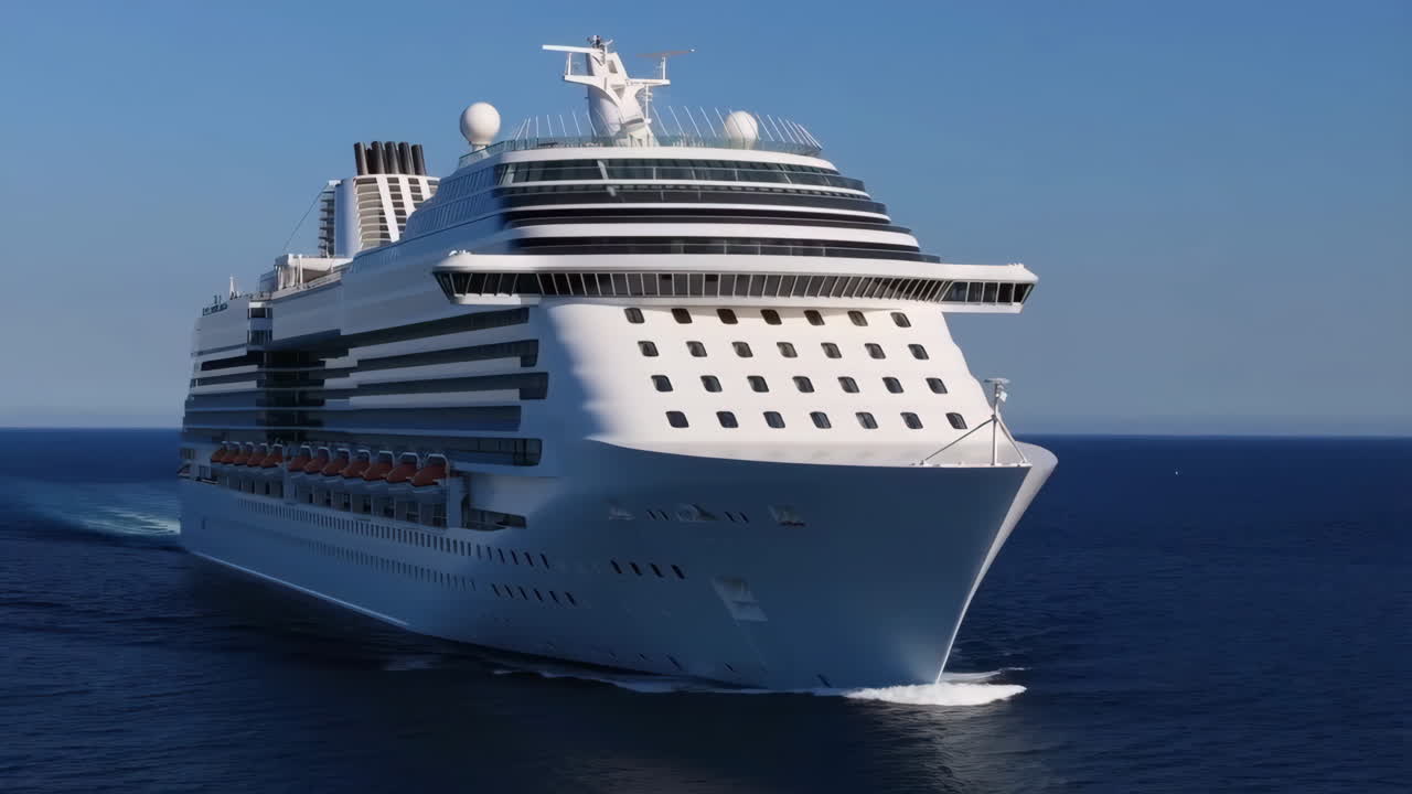 A large white cruise ship sailing on the open ocean under a clear blue sky