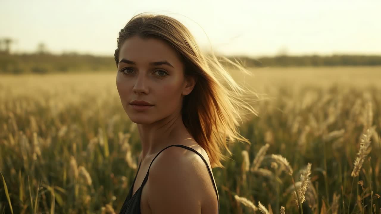 Breeze catching woman's hair while woman turning head toward lens in wheat field, with wheat stalks