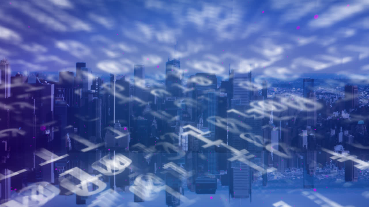 도시 풍경 위의 바이너리 코딩의 애니메이션