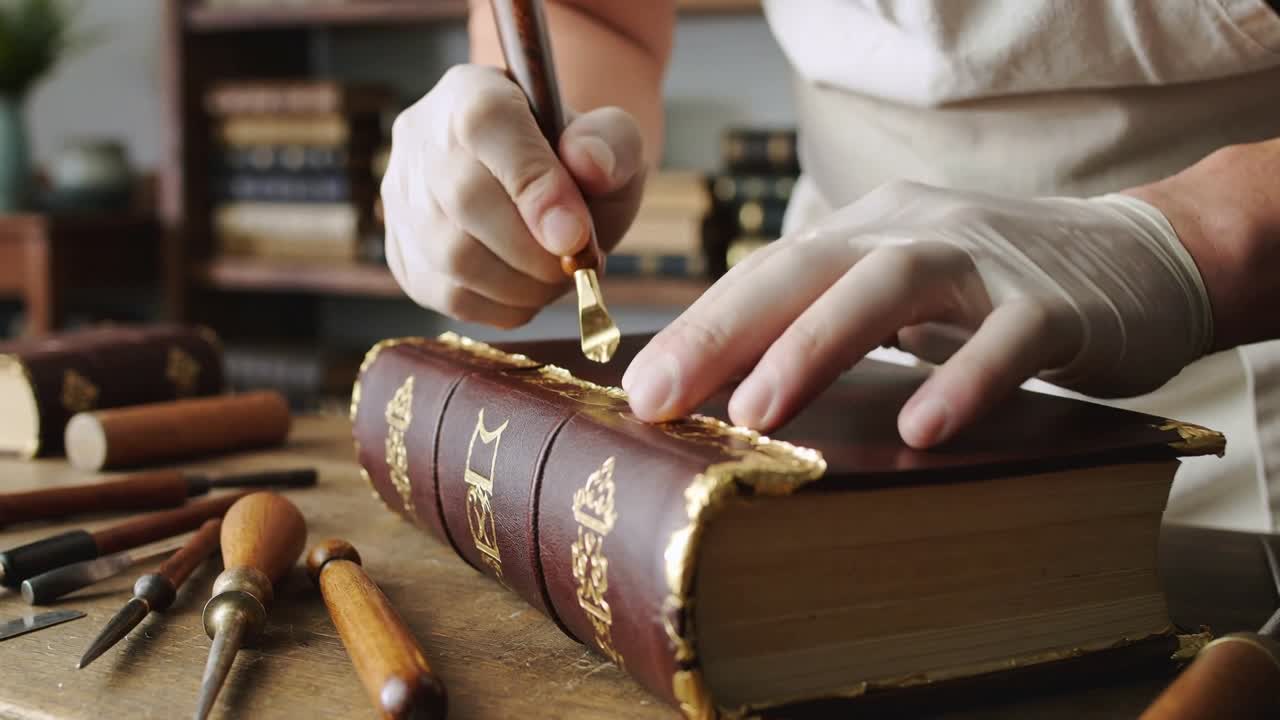 La telecamera si concentra su mani guantate che posizionano la foglia d'oro, lisciando il dorso su un banco di rilegatoria mentre restaurano un libro.