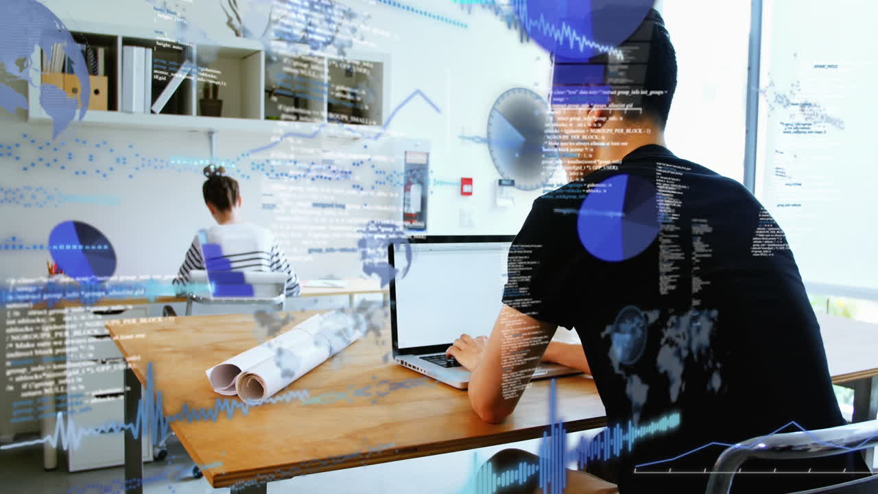 Animation of financial data processing over diverse business people in office