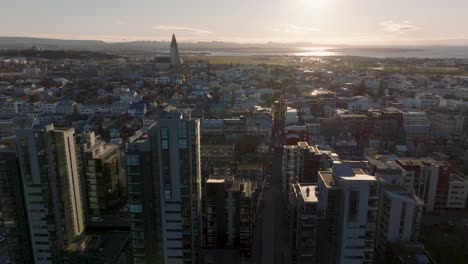 Capital-of-Iceland-skyline-during-bright-sunset,-Reykjavik