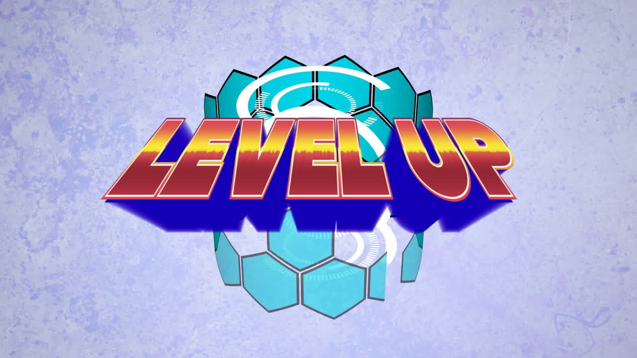 텍스트의 애니메이션 레벨 업, 회전하는 파란색 육각형 튜브, 리락에