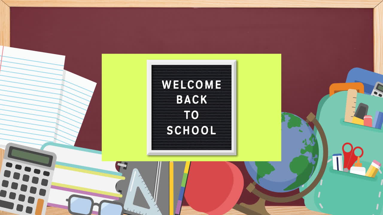 animación del texto de bienvenida a la escuela sobre los iconos de los artículos escolares