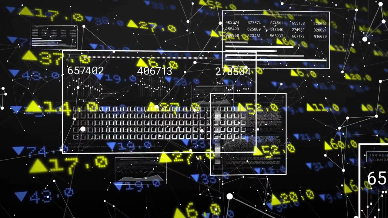 Fading in keyboard with panels showing updating counters and shifting network visualizing data