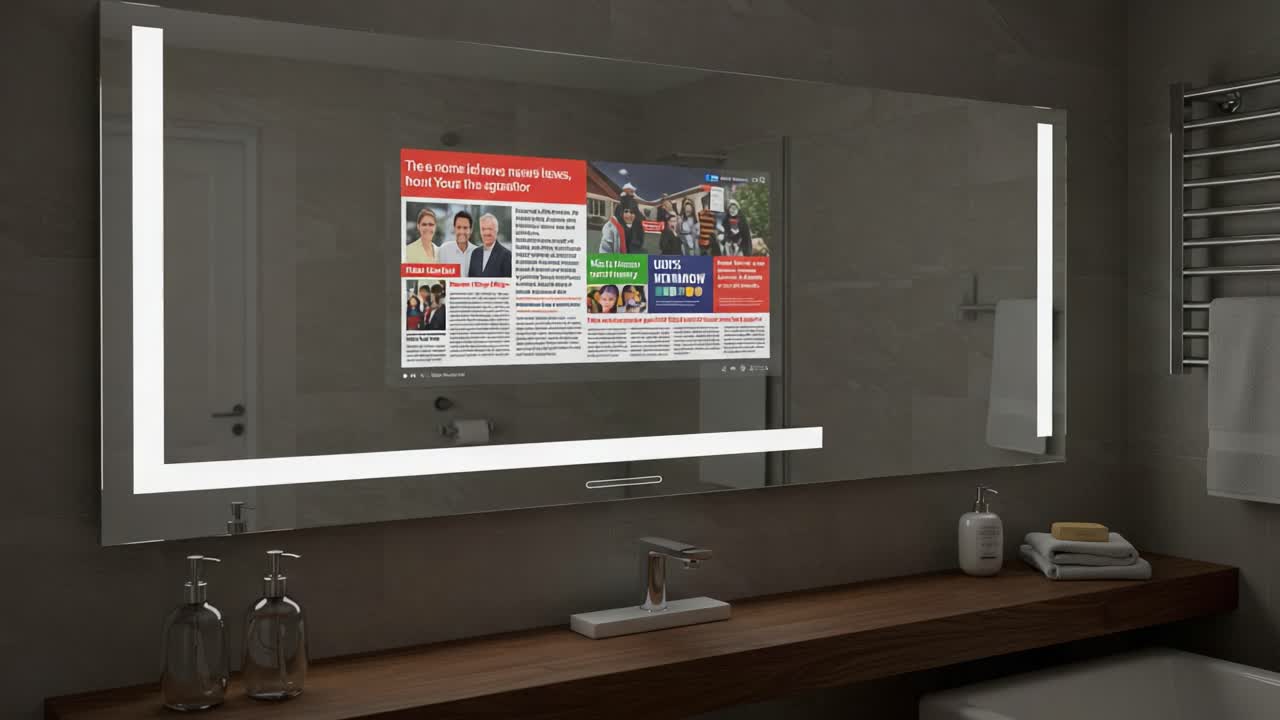 Reflective Bathroom Mirror Displaying Digital Newspaper Headlines and Articles in a Modern Setting, Highlighting News and Updates in a Stylish Design