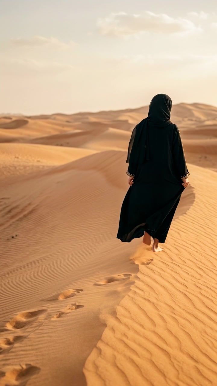 Vista di tre quarti posteriore di una donna che indossa una lunga abaya nera e un hijab, che cammina a piedi nudi lungo la cresta di una duna, con sabbia increspata, ombre morbide, orizzonte aperto e un'atmosfera desertica calma.