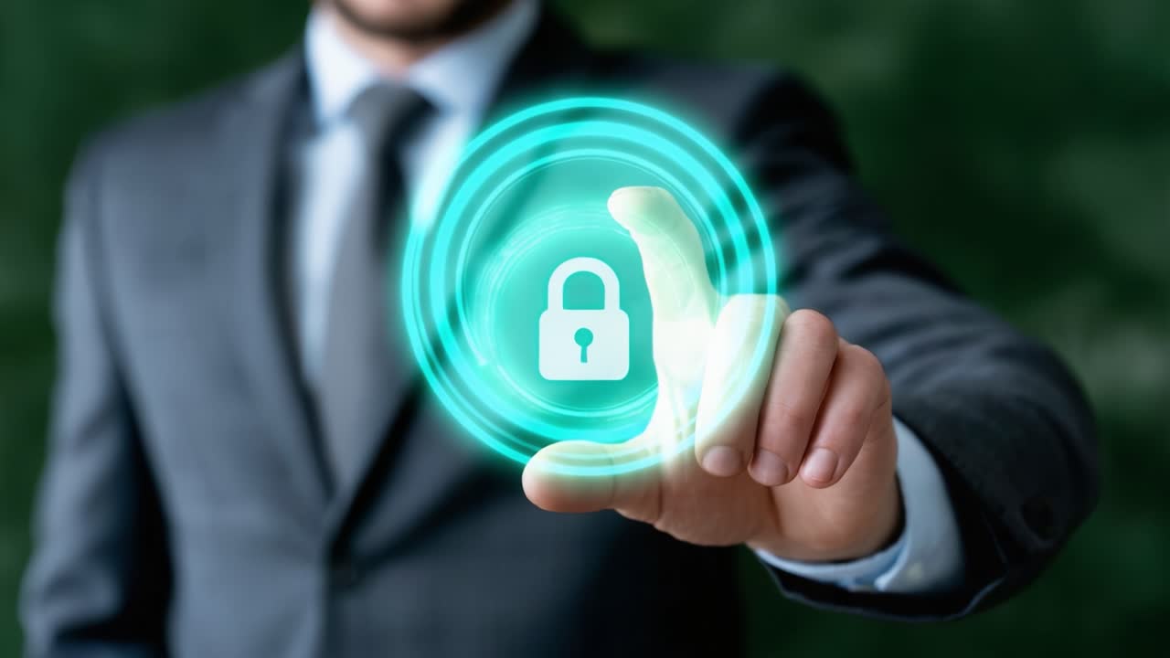 A Professional Individual Interacting with a Digital Security Lock Icon, Representing Concepts of Data Protection and Cybersecurity in a Technological Era