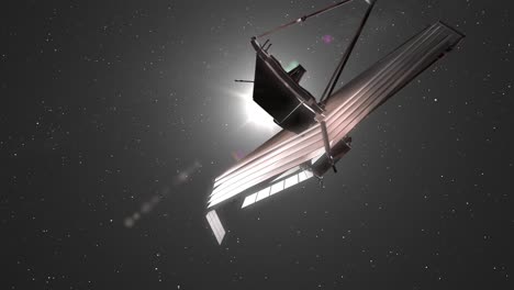 james webb space telescope jwst moving slowly past the sun flare heading towards milky way galaxy - 3d cgi animation 4k