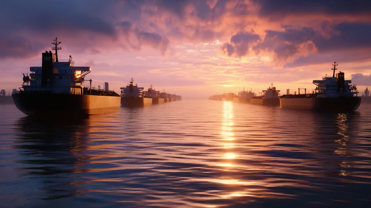 Sunset reflects on calm ocean surface. Large cargo ships glide in line. Sky glows orange and purple with clouds. Water ripples gently under warm light. Ideal for shipping, travel