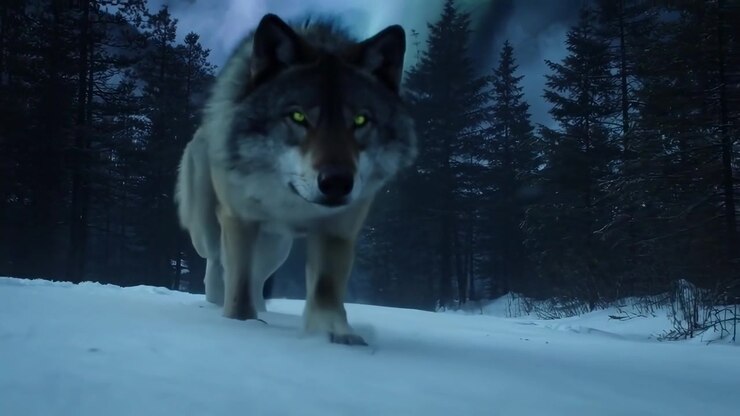 Lobo gris caminando por un bosque nevado bajo la aurora boreal