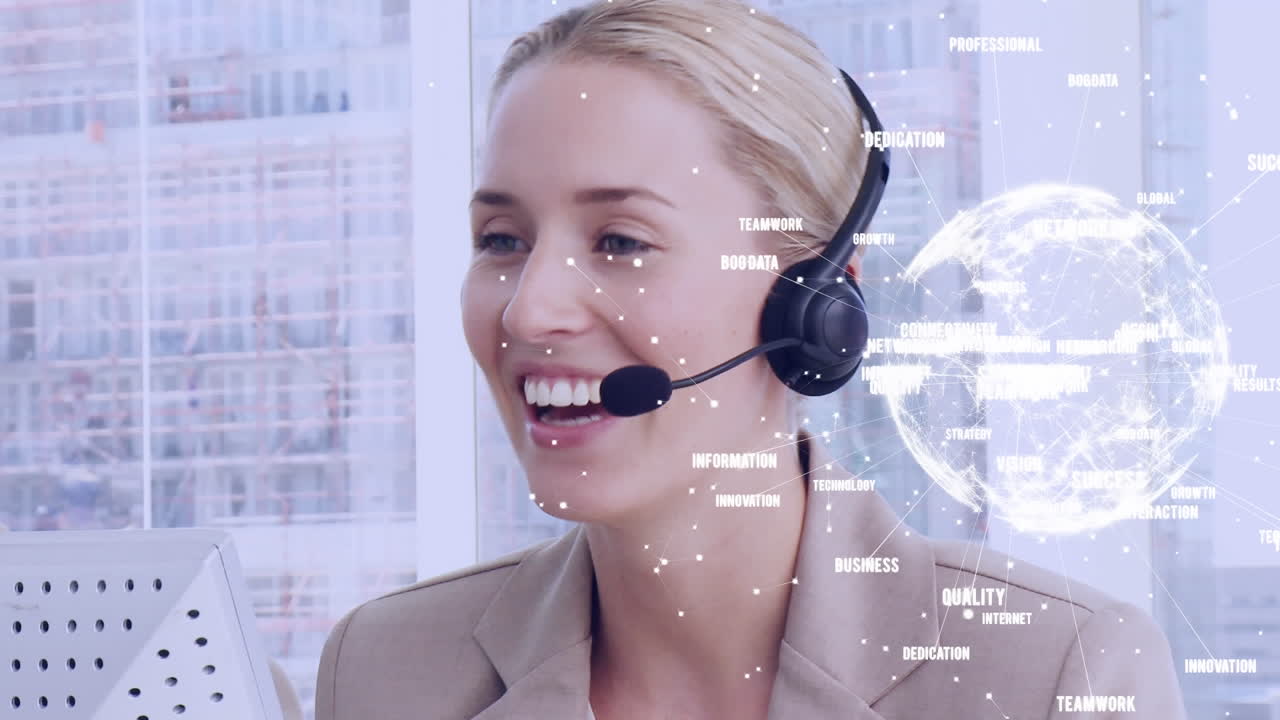 Animation of globe with network of connections over businesswoman using phone headset