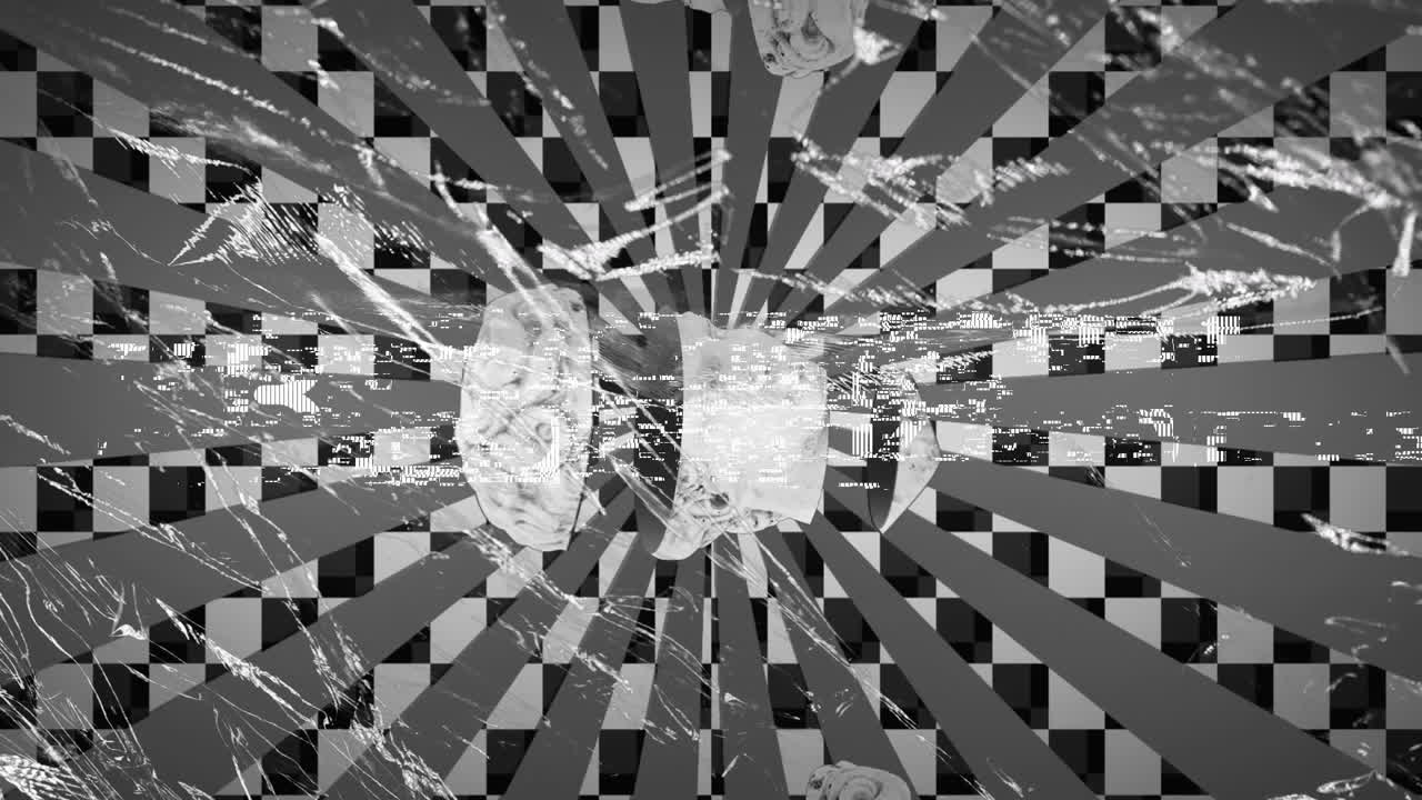 animación de una escultura antigua de cabeza cortada sobre texto de buenas vibraciones y fondo abstracto