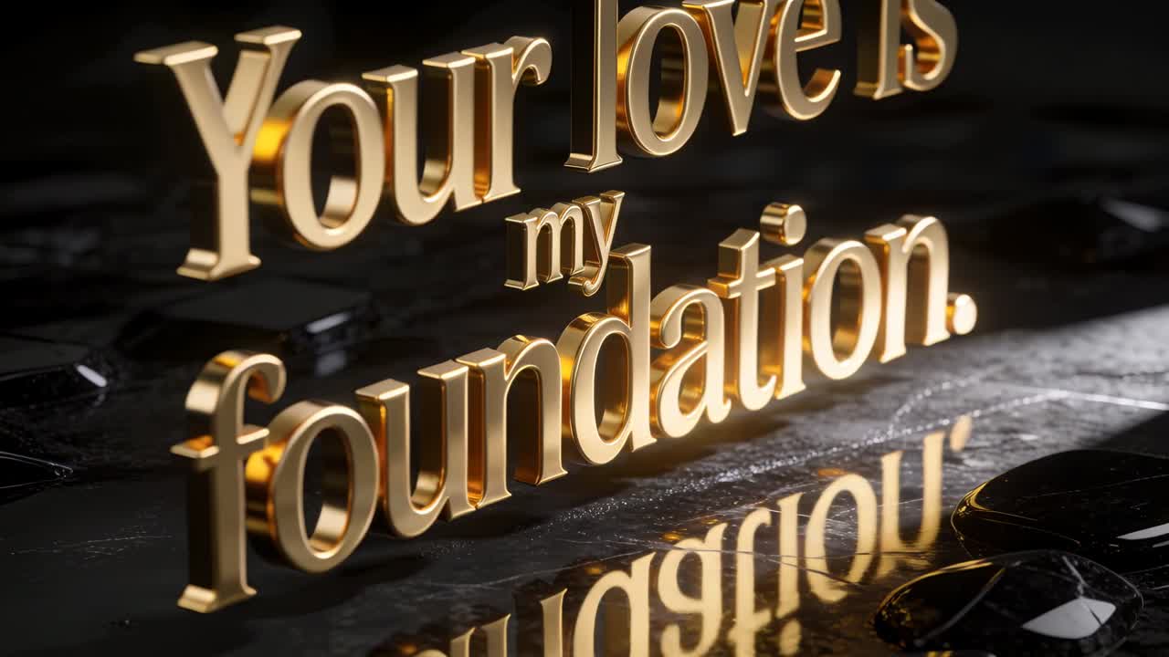 Gold text "Your love is my foundation" rotating camera dollying revealing mirrored base on puddles