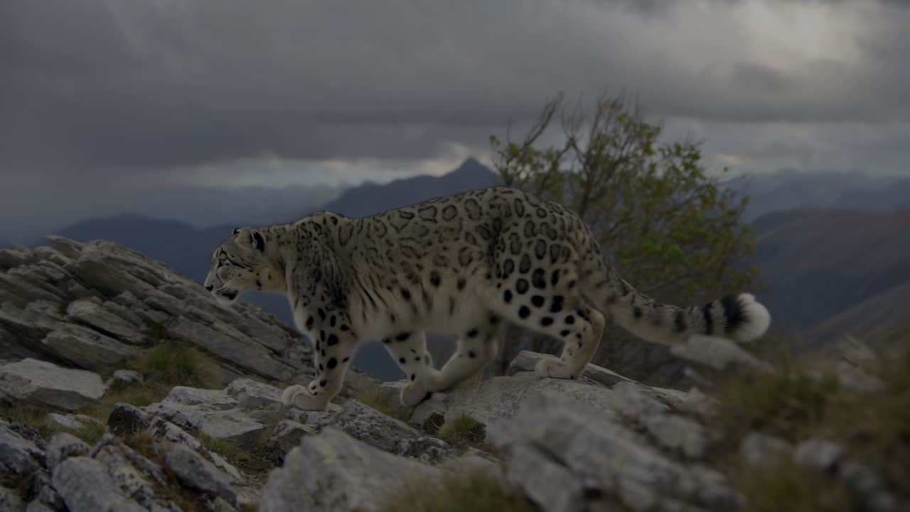 Fırtına Bulutlarının Altında Kayalık Bir Dağ Sırtını Geçen Kar Leoparı, Yalnız Himalaya Yırtıcısı Sinsi Bir Şekilde İlerliyor