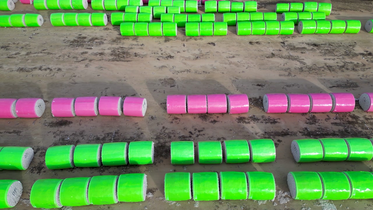 Parallel rows of green and pink wrapped cotton bales stored on farmland near Headland, Henry County, Alabama, United States during harvest season, slow panning drone shot.