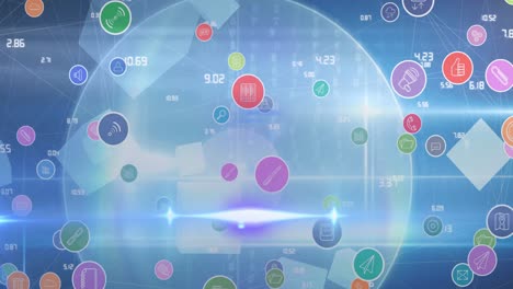 animation of business icons over light spots and globe