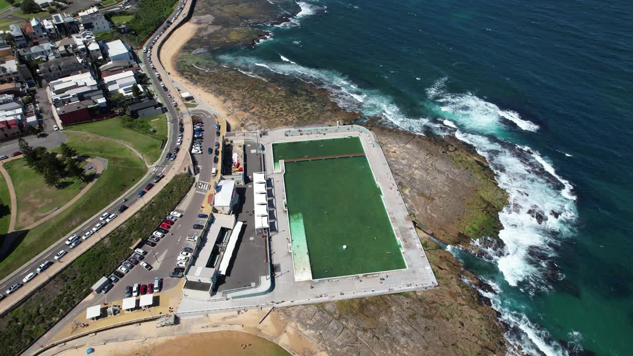 Newcastle Ocean Baths In NSW, Australia - Aerial Drone Shot