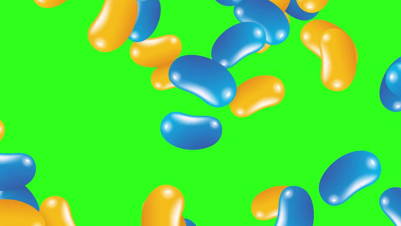 Animerede blå og gule vingummibønner falder og hopper mod en lys greenscreen-baggrund