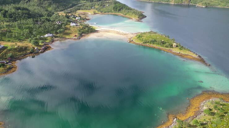 Lofoten Islands Nature, Fjord and Lagoon at Summer in Tengelfjord, Norway - Aerial 4k Reveal Tilting Up