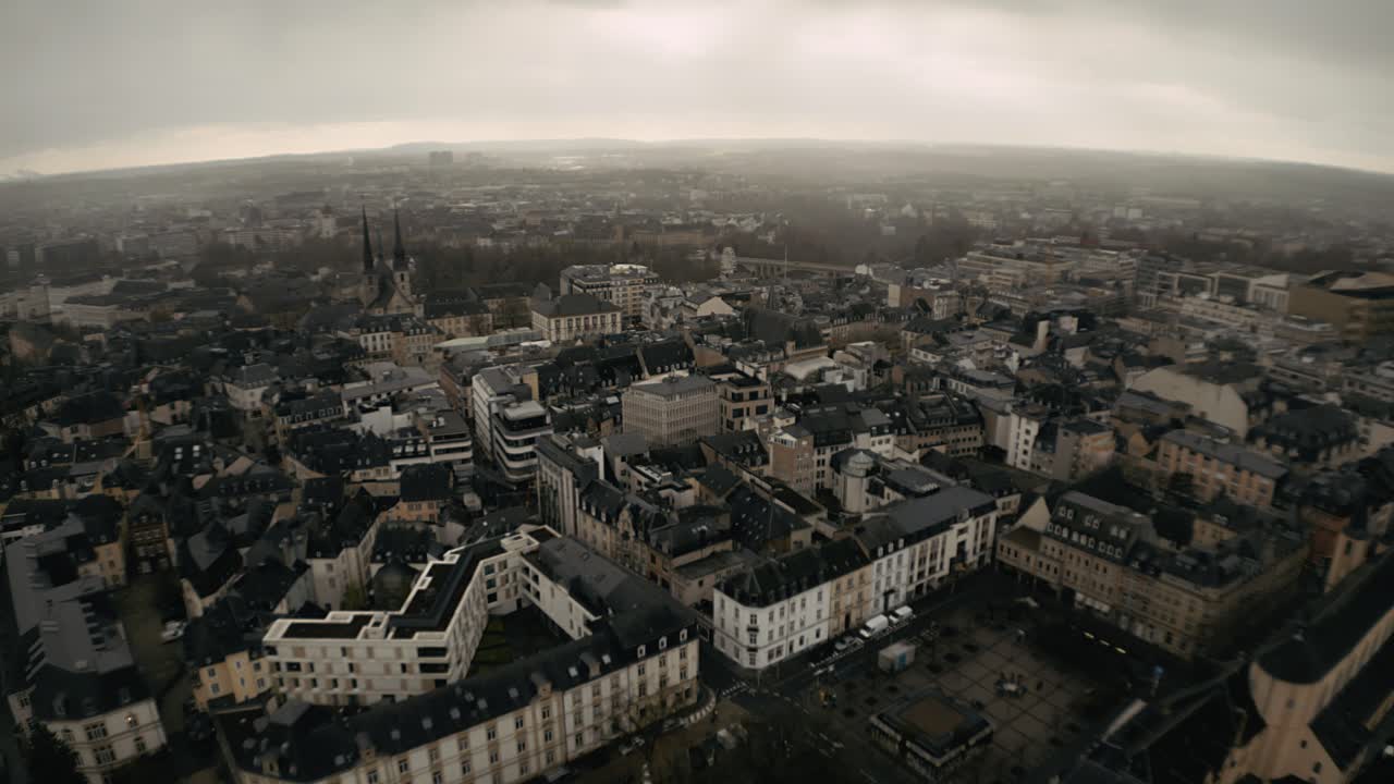 Wide angle drone footage of Luxembourg city