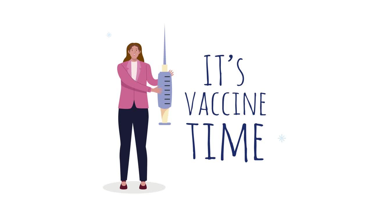 its vaccine time lettering with woman lifting syringe