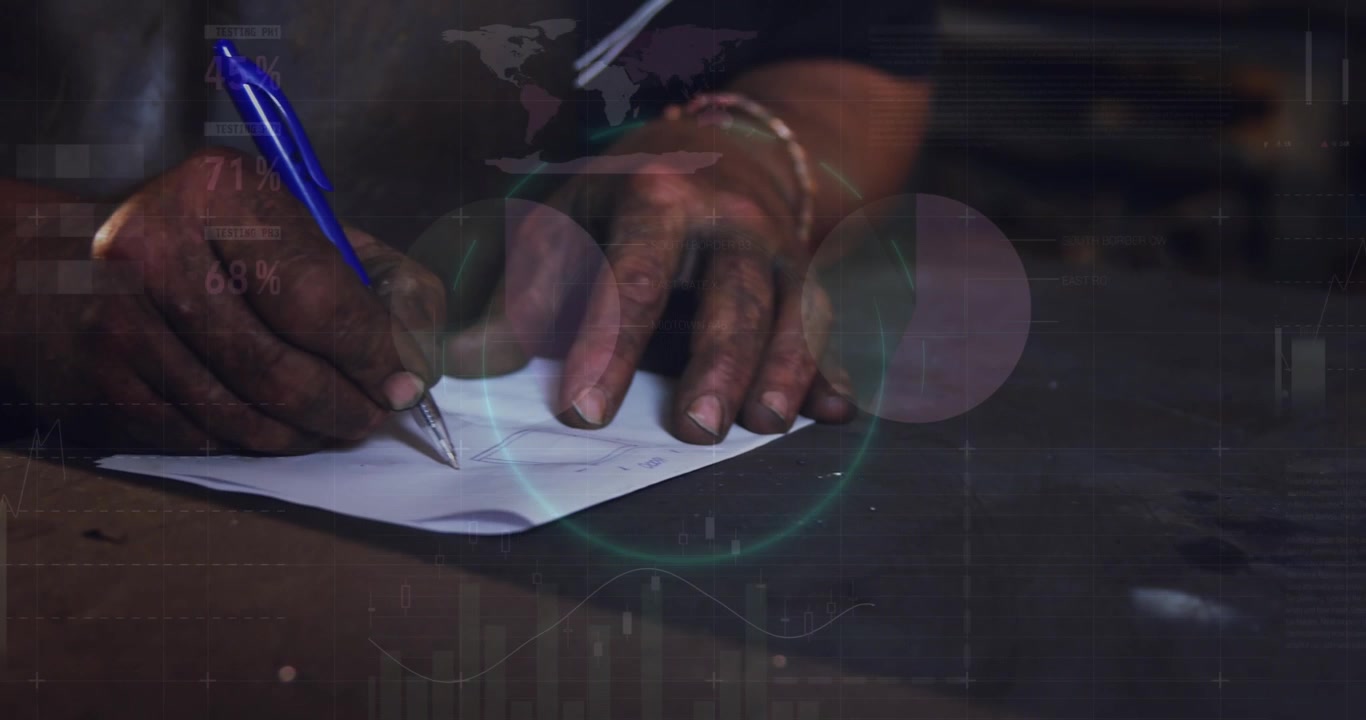 Animation of data processing over african american man using taking notes