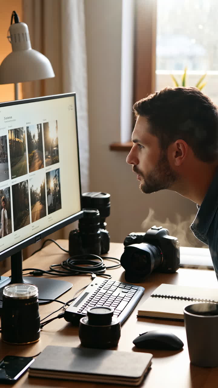 Photographer working on computer at his desk surrounded by camera gear