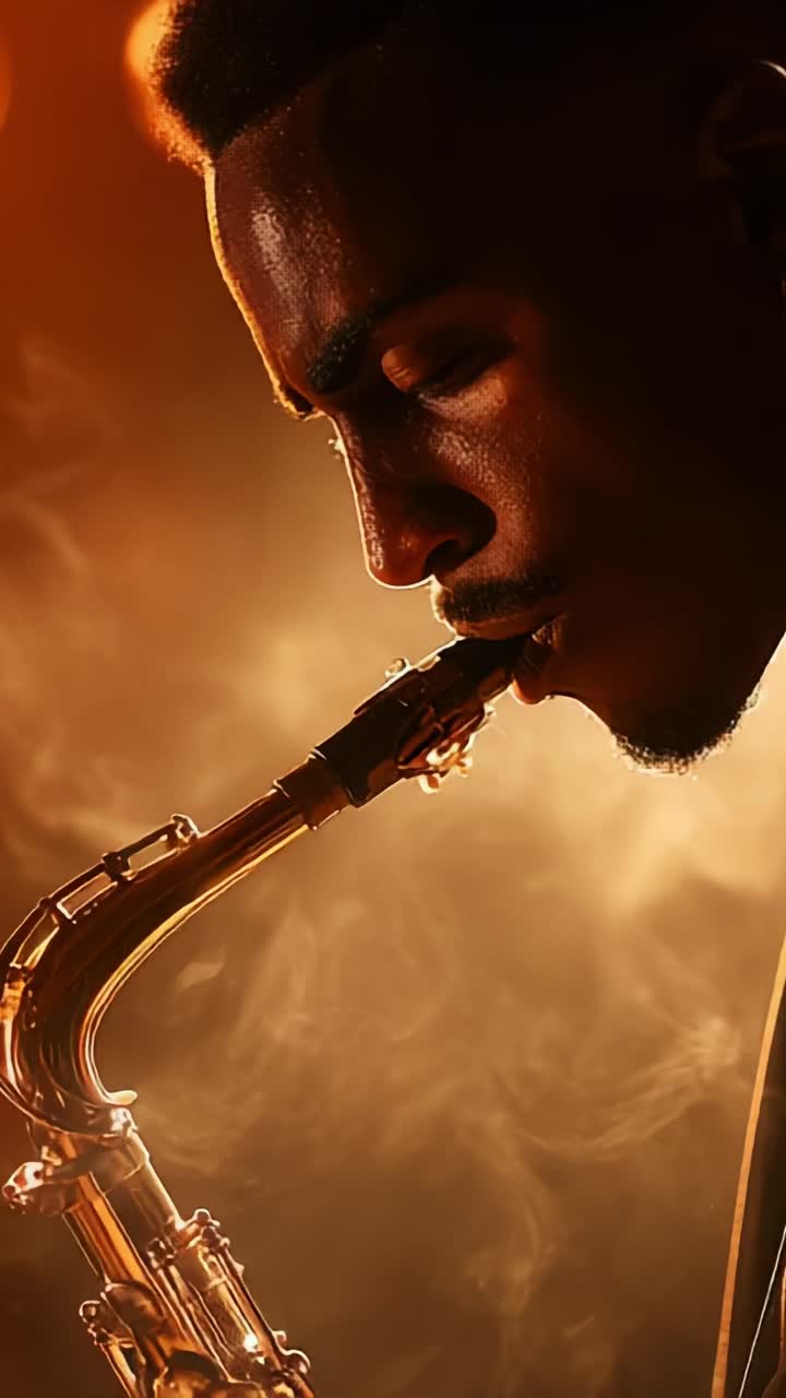 A soulful saxophonist delivers a captivating performance, surrounded by a vibrant atmosphere filled with smoke and warm lights, showcasing musical passion and artistry