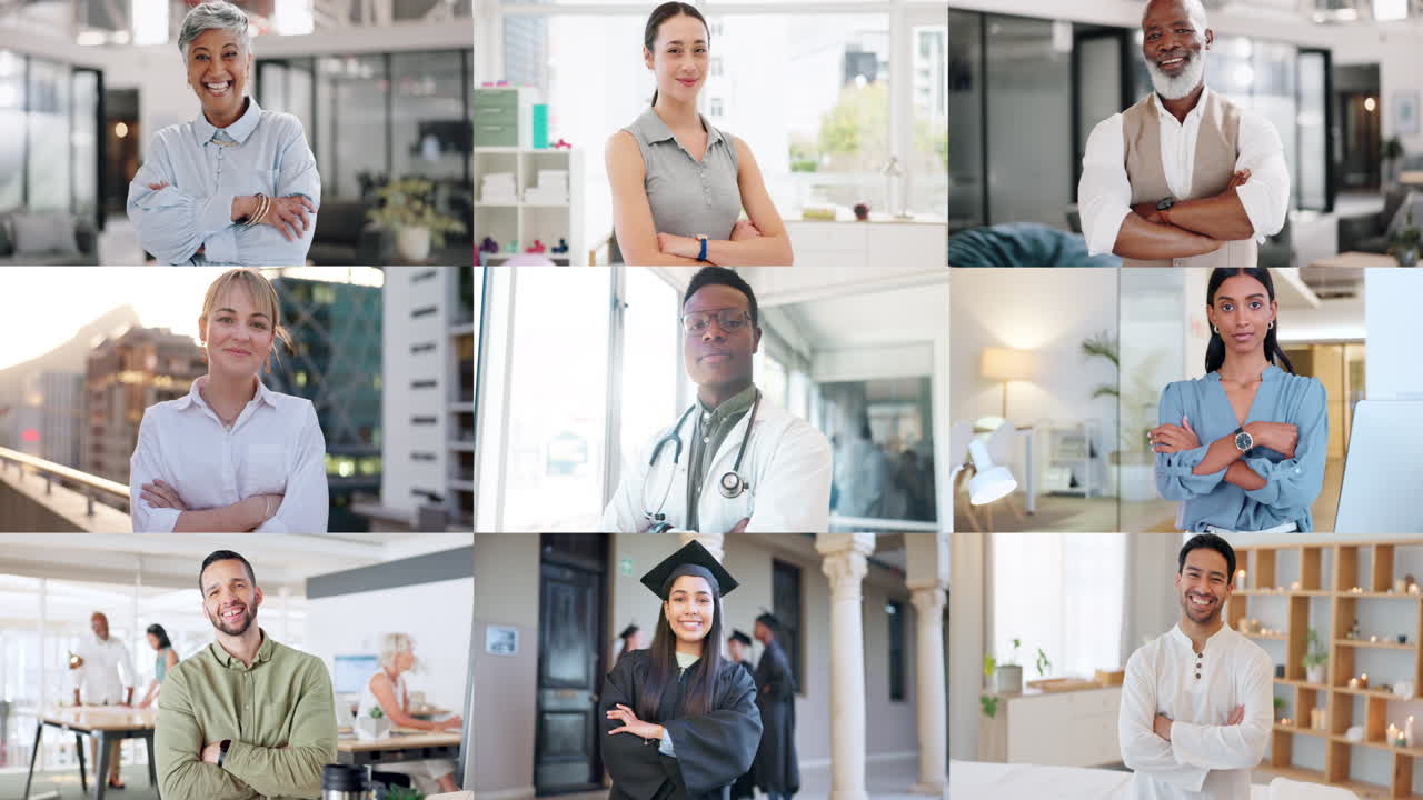 팔을 교차 한 콜라지 및 사람들의 초상화