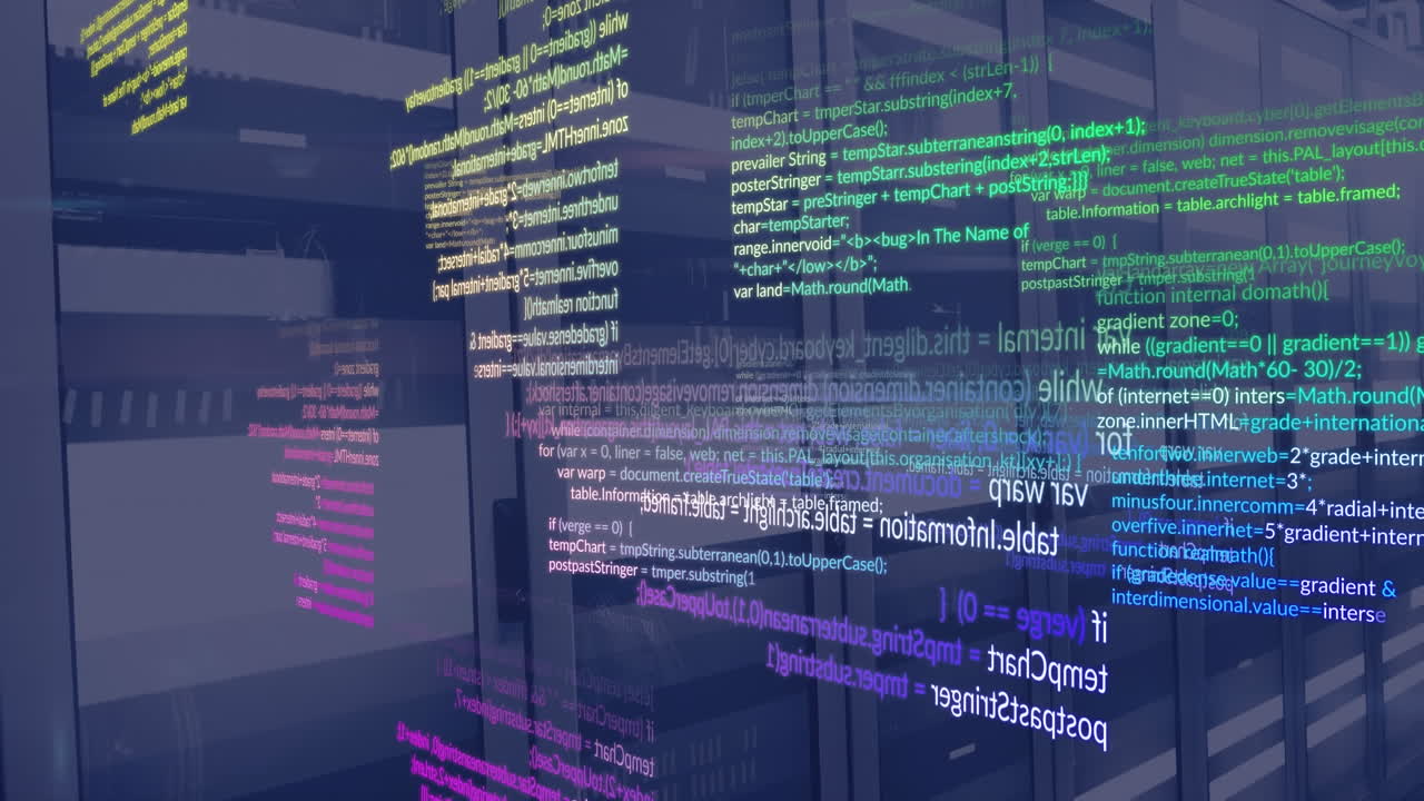 animación de lenguaje informático multicolor sobre barras móviles en bastidores de servidores de datos