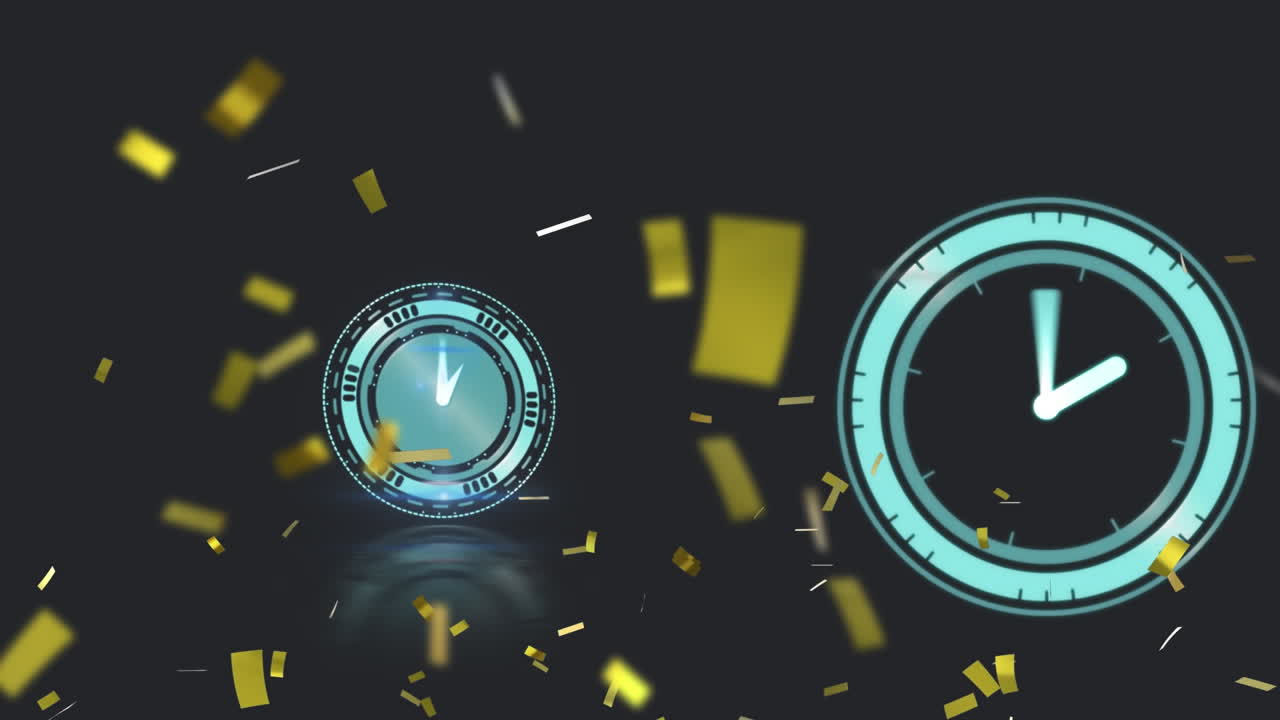Animation of confetti with scope and clock on black background