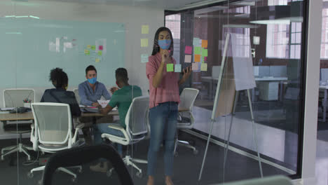 Mixed-race-businesswoman-wearing-face-mask-using-memo-notes-on-glass-wall