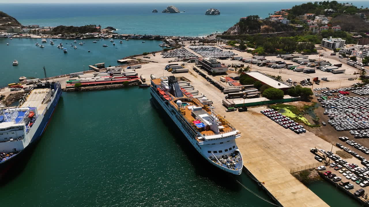Aerial View of a Busy Port with Cargo Ships, Ferries, and Cars