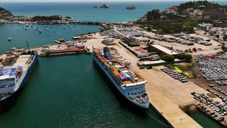 aerial view of a busy port with cargo ships, ferries, and cars
