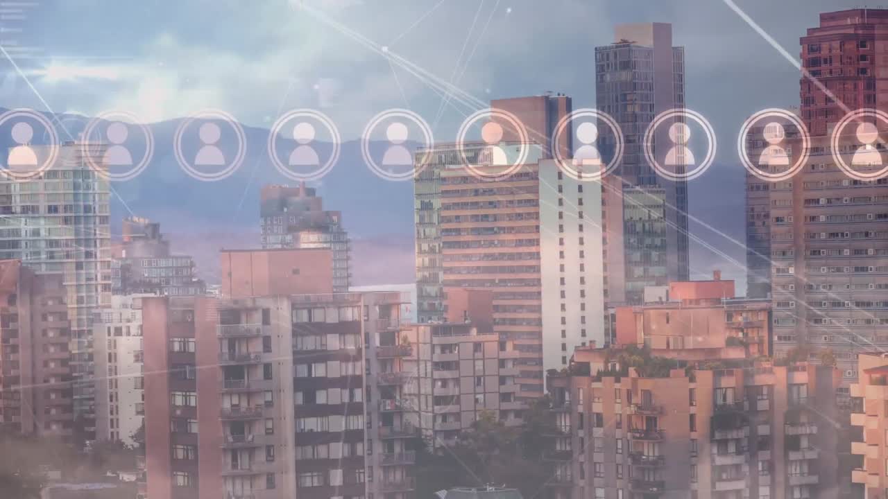 Animação de rede de conexões com ícones sobre a paisagem urbana