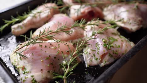 trozos de pollo crudo sazonados con hierbas frescas y romero