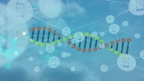 Animation-of-network-of-connections-and-dna-strand-over-blue-sky