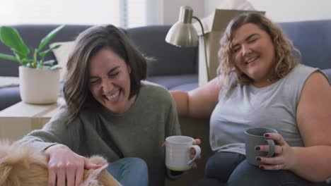 caucasian happy lesbian couple drinking tea sitting on floor stroking dog in new home