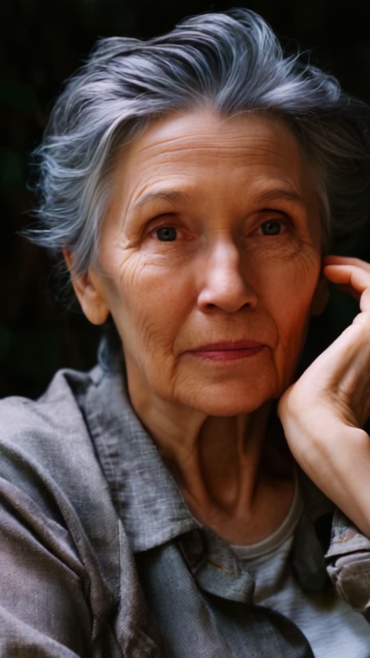 A Reflective Moment: An Older Woman Contemplates Life's Journey with a Gentle Gaze and Subtle Emotions in a Soft Light Setting