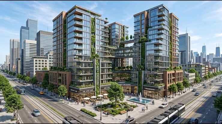 Edifícios de apartamentos modernos e curvos com varandas e áreas circundantes ajardinadas