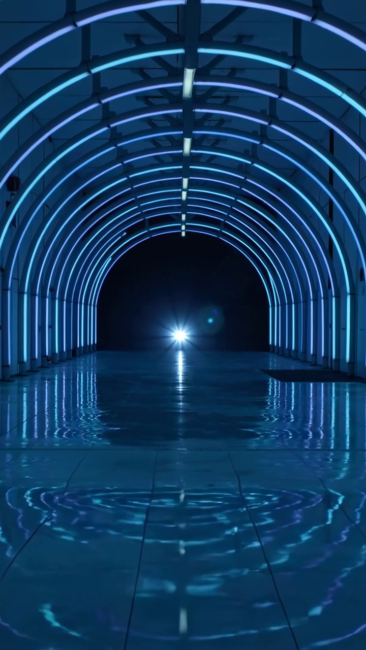 Vertical video: Glowing LED arches in hall guiding wet floor ripple, center light lighting to guide