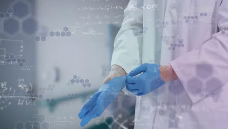 Chemical-structures-and-data-processing-against-mid-section-of-doctor-wearing-surgical-gloves