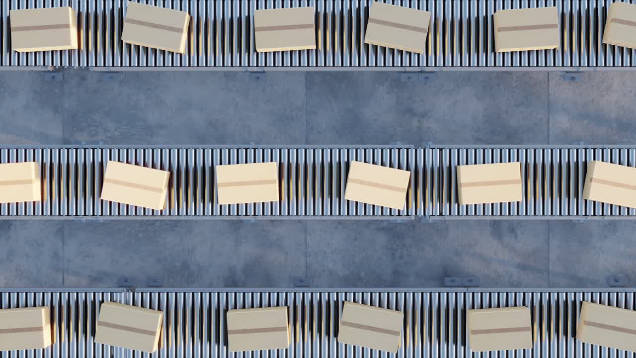 Cardboard boxes on conveyor rollers. infinite 3d loop